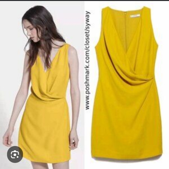 Mango NWT Draped Faux Wrap Deep V Neck Butter Golden Yellow Knee Length Dress 8 - Picture 1 of 8